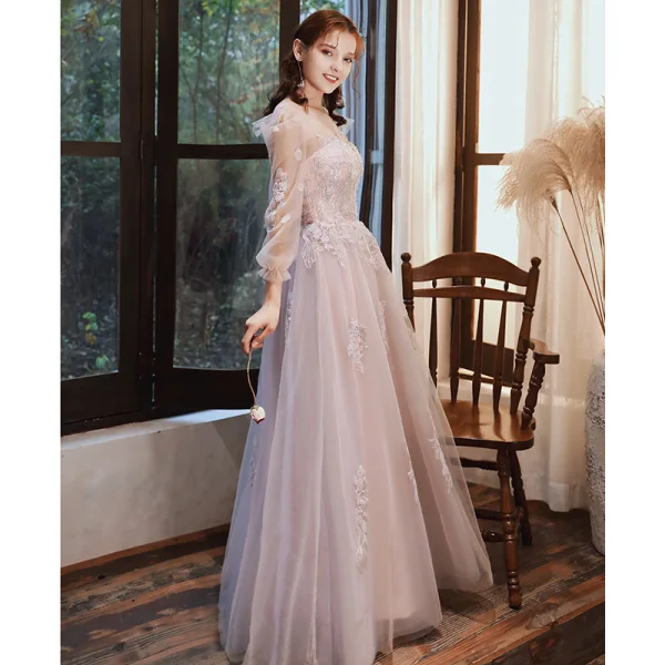Elegant Pearl Pink Evening Dresses 2020 A-Line / Princess Scoop Neck Beading Sequins Lace Flower Long Sleeve Backless Floor-Length / Long Formal Dresses