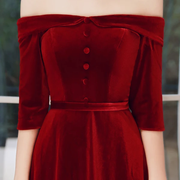 Elegante Burgunderrot Abendkleider 2020 A Linie Wildleder Off Shoulder 1/2 Ärmel Rückenfreies Lange Festliche Kleider