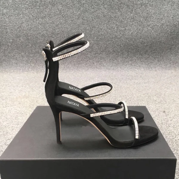 Sexy Black Cocktail Party Womens Sandals 2020 Rhinestone 10 cm Stiletto Heels Open / Peep Toe Sandals