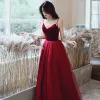 Chic / Beautiful Burgundy Prom Dresses 2020 A-Line / Princess Spaghetti Straps Suede Sleeveless Backless Sequins Floor-Length / Long Formal Dresses