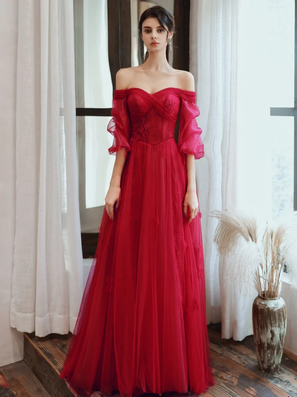 Charmant Bordeaux Robe De Soirée 2020 Princesse De l'épaule Perlage Paillettes En Dentelle Fleur 1/2 Manches Dos Nu Longue Robe De Ceremonie