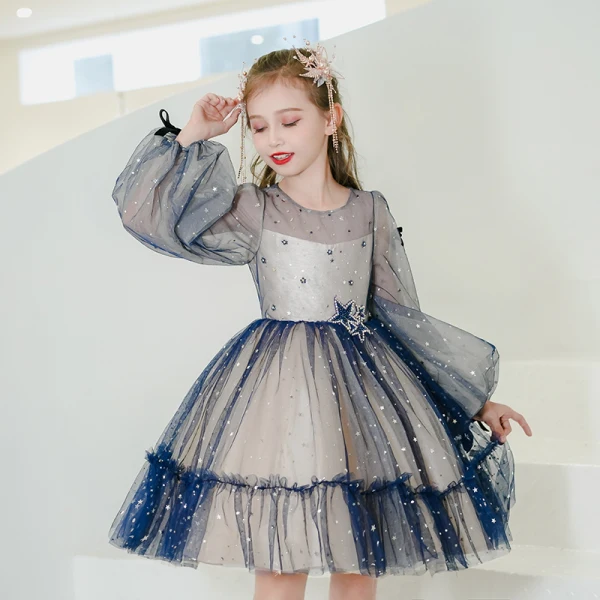 Fashion Ocean Blue Short Birthday Flower Girl Dresses 2021 Ball Gown Scoop Neck Star Rhinestone Sequins Long Sleeve