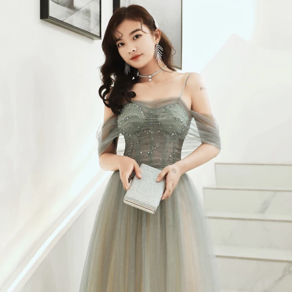 Elegant Army Green Evening Dresses  2020 A-Line / Princess Spaghetti Straps Beading Sequins Short Sleeve Backless Floor-Length / Long Formal Dresses