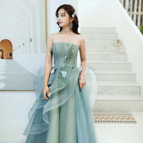 Elegant Mint Green Evening Dresses 2020 A-Line / Princess Strapless Beading Appliques Sleeveless Backless Cascading Ruffles Floor-Length / Long Formal Dresses
