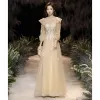 Chic / Beautiful Yellow Prom Dresses 2020 A-Line / Princess Scoop Neck Lace Flower Appliques Sequins Long Sleeve Backless Floor-Length / Long Formal Dresses