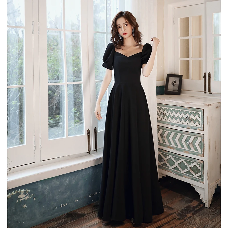 green emerald velvet dress Short Sleeves Black Evening Dress with Scoop Neck – loveangeldress main image 0
