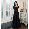 Modest / Simple Black Evening Dresses  2020 A-Line / Princess Square Neckline Short Sleeve Backless Floor-Length / Long Formal Dresses