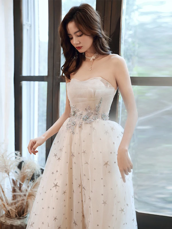 Fashion Champagne Evening Dresses  2020 A-Line / Princess Strapless Beading Star Lace Flower Sleeveless Backless Floor-Length / Long Formal Dresses