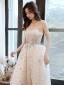 Fashion Champagne Evening Dresses  2020 A-Line / Princess Strapless Beading Star Lace Flower Sleeveless Backless Floor-Length / Long Formal Dresses