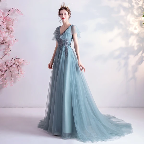 Élégant Bleu D'encre Robe De Bal 2020 Princesse V-Cou Perlage Paillettes En Dentelle Fleur Manches Courtes Dos Nu Train De Balayage Robe De Ceremonie