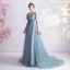 Élégant Bleu D'encre Robe De Bal 2020 Princesse V-Cou Perlage Paillettes En Dentelle Fleur Manches Courtes Dos Nu Train De Balayage Robe De Ceremonie