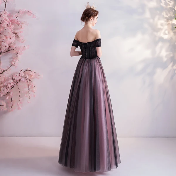 Charming Black Prom Dresses 2020 A-Line / Princess Off-The-Shoulder Crystal Lace Flower Short Sleeve Backless Floor-Length / Long Formal Dresses