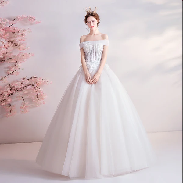 Affordable Ivory Wedding Dresses 2020 Ball Gown Off-The-Shoulder Crystal Lace Flower Appliques Sleeveless Backless Floor-Length / Long