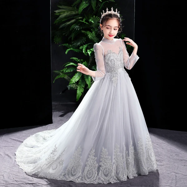 Elegant Grey Birthday Flower Girl Dresses 2021 A-Line / Princess High Neck Long Sleeve Beading Rhinestone Lace Flower Sweep Train