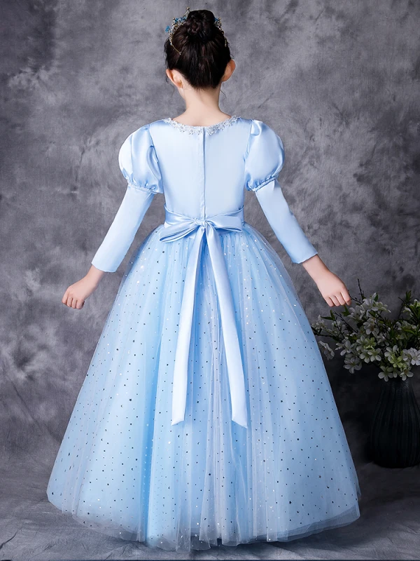 Médiévale Vintage / Originale Bleu Ciel Robe Ceremonie Fille 2021 Princesse Encolure Dégagée 3/4 Manches Forme de coeur Perle Paillettes En Dentelle Fleur Noeud Longue