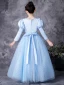 Médiévale Vintage / Originale Bleu Ciel Robe Ceremonie Fille 2021 Princesse Encolure Dégagée 3/4 Manches Forme de coeur Perle Paillettes En Dentelle Fleur Noeud Longue