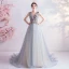 Élégant Bleu Ciel Robe De Bal 2020 Princesse V-Cou Perlage Faux Diamant En Dentelle Fleur Sans Manches Dos Nu Train De Balayage Robe De Ceremonie