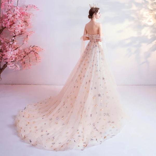 Fashion White Prom Dresses 2020 A-Line / Princess Off-The-Shoulder Beading Pearl Star Sequins Sleeveless Backless Chapel Train Formal Dresses