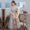 Classy Grey Homecoming Graduation Dresses 2020 A-Line / Princess Scoop Neck Lace Flower 1/2 Sleeves Backless Tea-length Formal Dresses