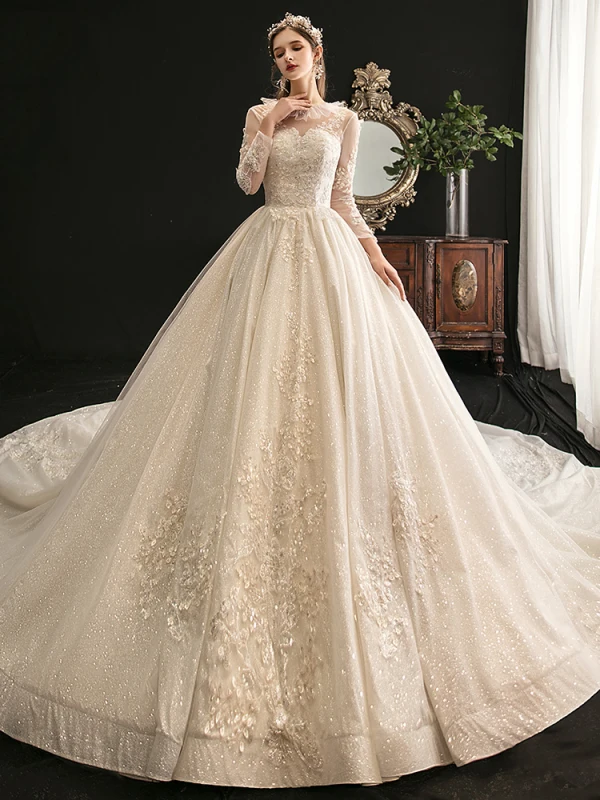 Charming Champagne Ball Gown Glitter Wedding Dresses 2020 Scoop Neck Beading Sequins Lace Flower 3/4 Sleeve Backless Cathedral Train