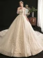 Charming Champagne Ball Gown Glitter Wedding Dresses 2020 Scoop Neck Beading Sequins Lace Flower 3/4 Sleeve Backless Cathedral Train