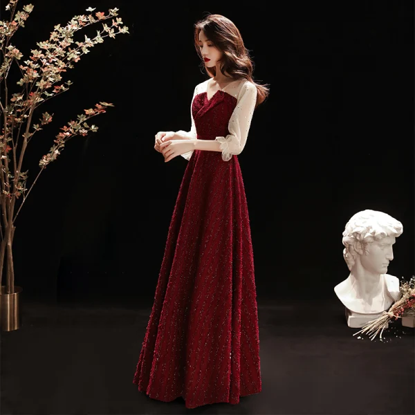 Fashion Burgundy Evening Dresses 2020 A-Line / Princess V-Neck Glitter Beading Star Sequins 3/4 Sleeve Floor-Length / Long Formal Dresses