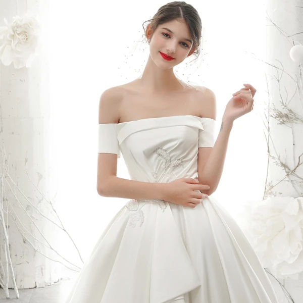 High End Ivory / Creme Satin Brautkleider / Hochzeitskleider 2020 A Linie Off Shoulder Perle Pailletten Kurze Ärmel Rückenfreies Kathedrale Schleppe