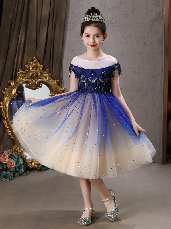 Vintage / Retro Royal Blue Lace Sequins Birthday Flower Girl Dresses 2021 A-Line / Princess Scoop Neck Short Sleeve Tea-length