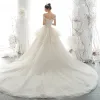 Luxury / Gorgeous Champagne Wedding Dresses 2020 A-Line / Princess Off-The-Shoulder Beading Rhinestone Sequins Lace Flower Sleeveless Backless Royal Train