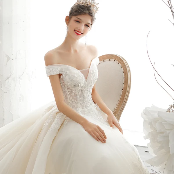 Luxury / Gorgeous Champagne Wedding Dresses 2020 Ball Gown Off-The-Shoulder Beading Rhinestone Sequins Lace Flower Appliques Sleeveless Backless Royal Train