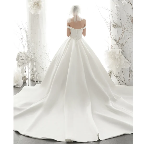 High-end Ivory Satin Wedding Dresses 2020 A-Line / Princess Off-The-Shoulder Pearl Sleeveless Backless Royal Train