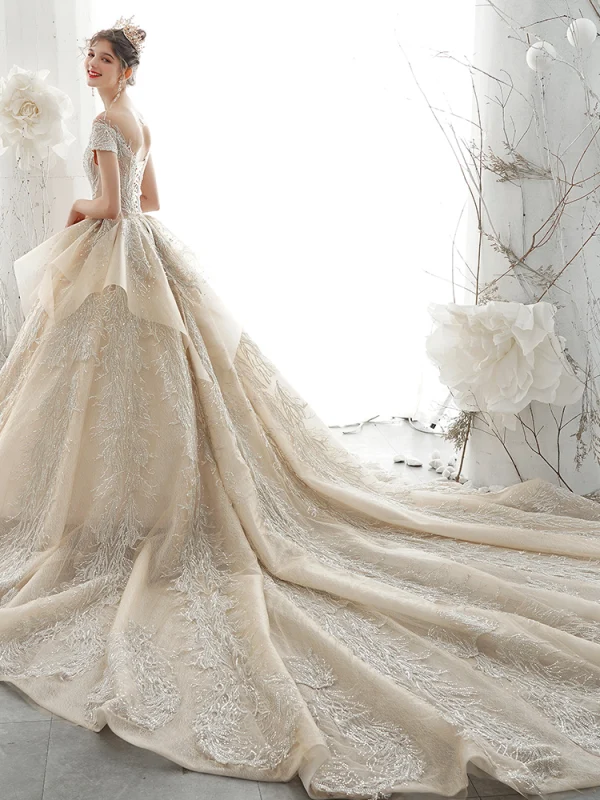 Luxury / Gorgeous High-end Champagne Wedding Dresses 2020 Ball Gown Beading Pearl Rhinestone Lace Flower Scoop Neck Short Sleeve Backless Royal Train