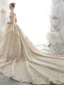 Luxury / Gorgeous High-end Champagne Wedding Dresses 2020 Ball Gown Beading Pearl Rhinestone Lace Flower Scoop Neck Short Sleeve Backless Royal Train