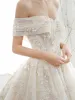 Luxury / Gorgeous Champagne Wedding Dresses 2020 A-Line / Princess Off-The-Shoulder Beading Pearl Sequins Lace Flower Appliques Short Sleeve Backless Royal Train