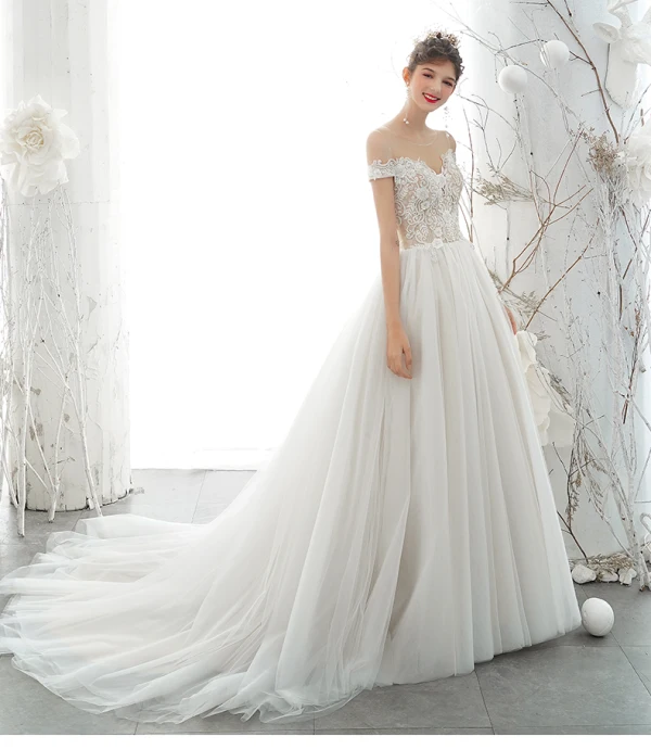 Elegant Ivory Wedding Dresses 2020 A-Line / Princess Scoop Neck Beading Pearl Rhinestone Lace Flower Short Sleeve Backless Chapel Train