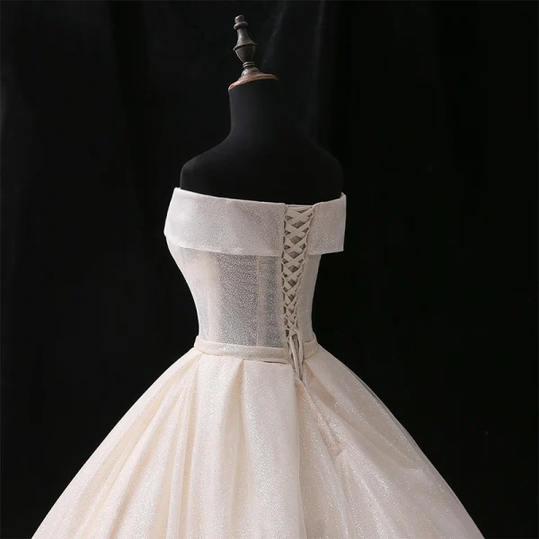 Sparkly Champagne Wedding Dresses 2018 Ball Gown Bow Glitter Off-The-Shoulder Backless Sleeveless Chapel Train Wedding