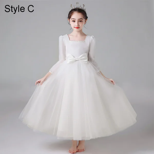 Chic / Beautiful Ivory Wedding Flower Girl Dresses 2021 A-Line / Princess Square Neckline Pearl Bow Short Sleeve Floor-Length / Long Wedding Party Dresses