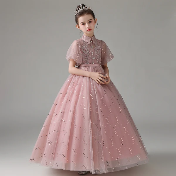 Elegant Blushing Pink Birthday Flower Girl Dresses 2021 A-Line / Princess High Neck Beading Sequins Lace Flower Short Sleeve Sash Floor-Length / Long
