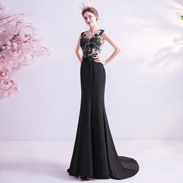 Elegant Black Evening Dresses 2020 Trumpet / Mermaid Scoop Neck Lace Flower Sleeveless Sweep Train Formal Dresses