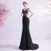 Elegant Black Evening Dresses  2020 Trumpet / Mermaid Scoop Neck Lace Flower Sleeveless Sweep Train Formal Dresses