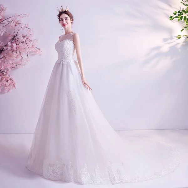 Abordable Ivoire Robe De Mariée 2020 Princesse Encolure Dégagée En Dentelle Fleur Sans Manches Chapel Train