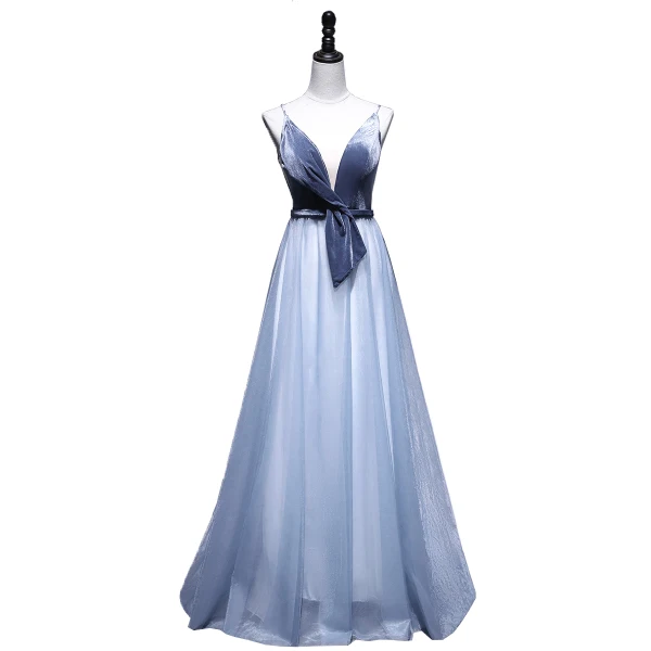 Chic / Belle Bleu D'encre Robe De Soirée 2020 Princesse Daim Bretelles Spaghetti Sans Manches Dos Nu Longue Robe De Ceremonie