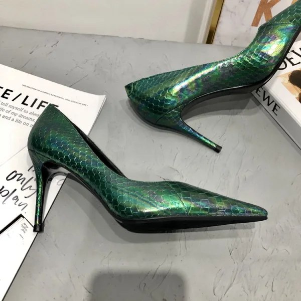 Classy Dark Green Rave Club Leather Pumps 2020 Snakeskin Print 7 cm Stiletto Heels Pointed Toe Pumps