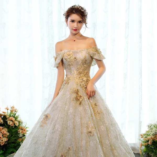 Luxury / Gorgeous Gold Wedding Dresses 2018 Ball Gown Glitter Lace Appliques Beading Rhinestone Pearl Off-The-Shoulder Backless Sleeveless Court Train Wedding