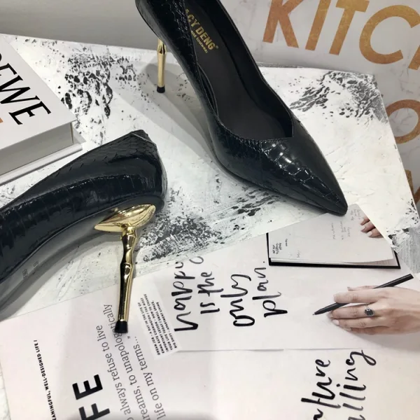 Modest / Simple Black Street Wear Leather Pumps 2020 Snakeskin Print 7 cm Stiletto Heels Pointed Toe Pumps