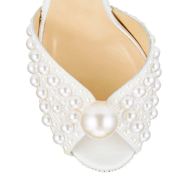 Charming Ivory Pearl Wedding Sandals 2020 Leather Ankle Strap 10 cm Stiletto Heels Open / Peep Toe Wedding Shoes
