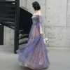Uroczy Fioletowe Sukienki Wieczorowe 2020 Suknia Balowa Princessa Spaghetti Pasy Frezowanie Z Koronki Cekiny Kwiat Kótkie Rękawy Bez Pleców Długie Sukienki Wizytowe