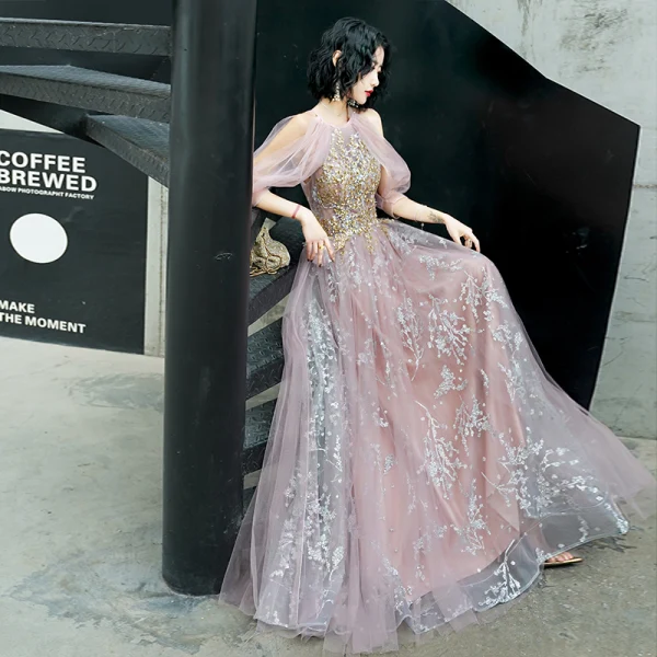 Fashion Blushing Pink Evening Dresses  2020 A-Line / Princess Halter Beading Glitter Sequins Lace Flower Short Sleeve Backless Floor-Length / Long Formal Dresses