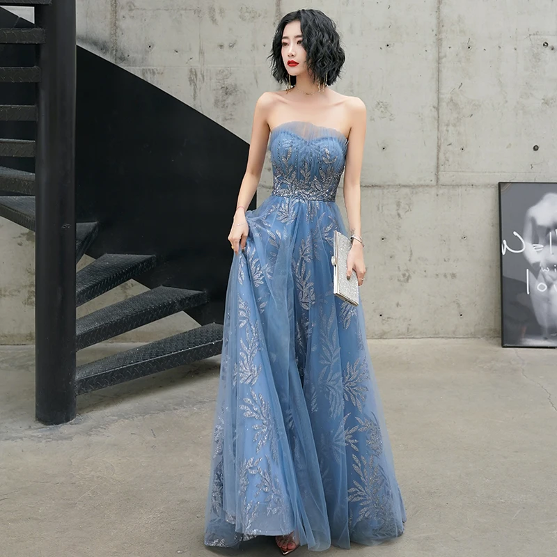 Charming Ocean Blue Evening Dresses 2020 A Line Princess Strapless Glitter  Beading Sequins Sleeveless Backless Floor Length Long Formal Dresses