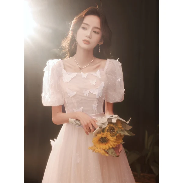 Fashion Champagne Homecoming Lace Butterfly Graduation Dresses 2021 A-Line / Princess Square Neckline Short Sleeve Tea-length Formal Dresses